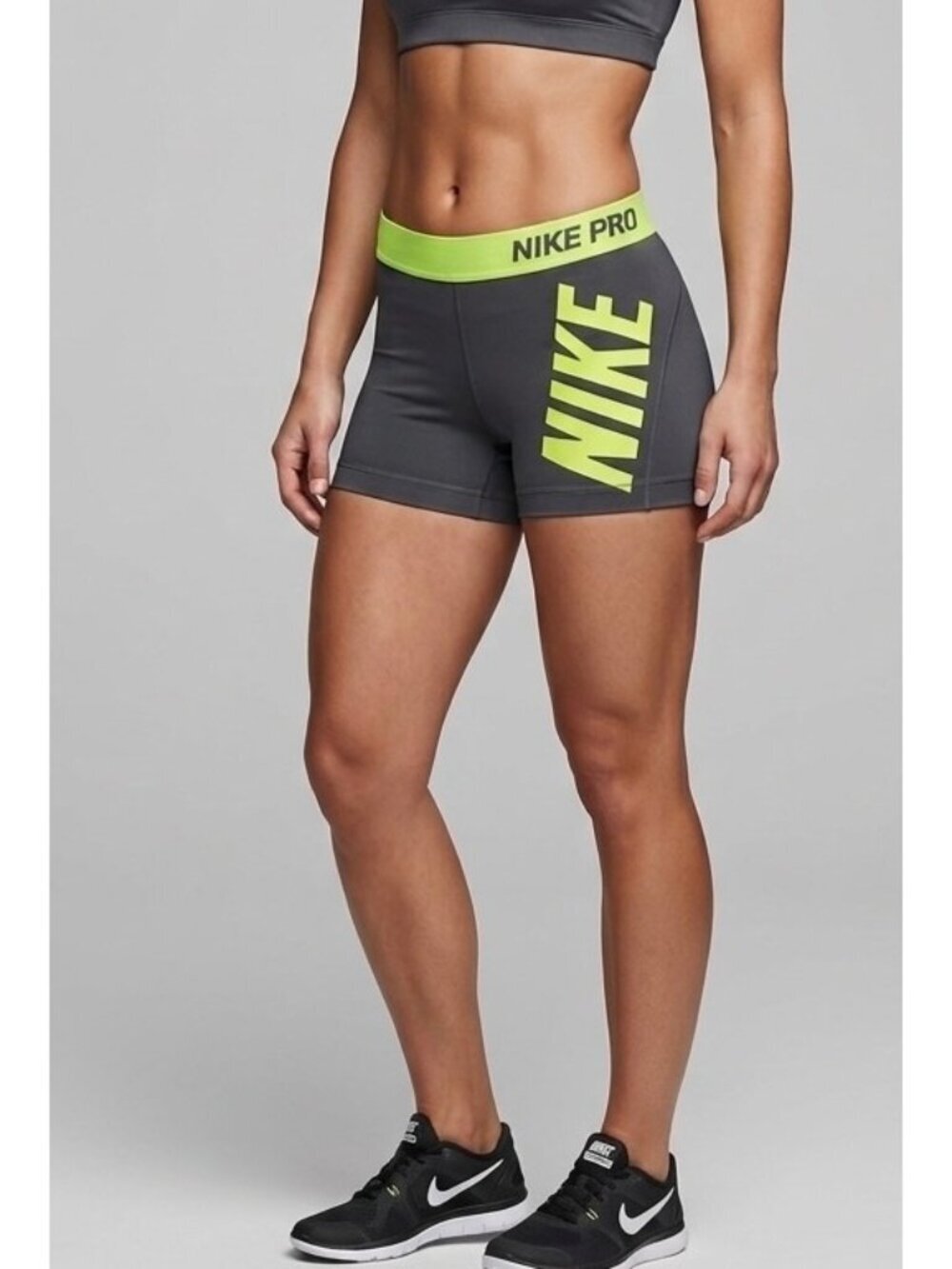 Nike Pro Shorts Dri-FIT 3in Compression Grey Neon Yellow S Athletic Gym Running